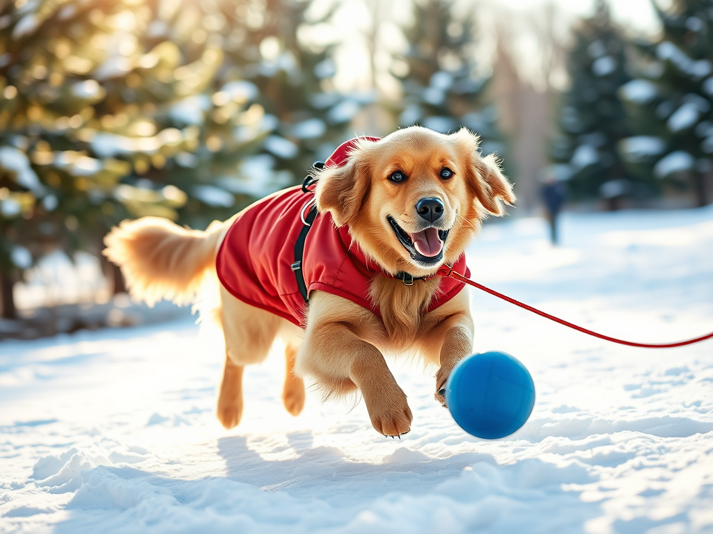 Create a realistic image of a happy golden retriever wearing a red winter dog coat, playing fetch with a blue ball in a snowy park. The dog is running through fresh snow with pine trees in the background. A leash is visible, hanging from the dog's collar, emphasizing safety. Soft winter sunlight illuminates the scene, creating a cheerful and inviting atmosphere.