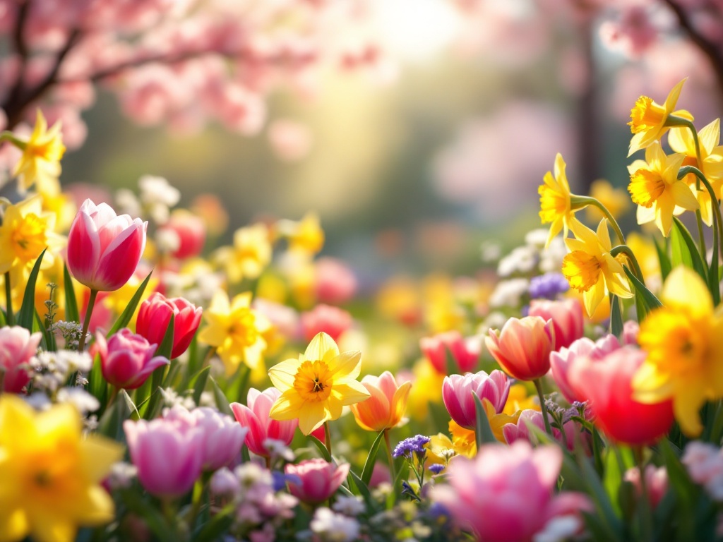 A photorealistic shot capturing a vibrant spring garden in full bloom, with a diverse array of colorful flowers including tulips, daffodils, and cherry blossoms. The scene is bathed in soft, warm sunlight, creating a serene and inviting atmosphere.