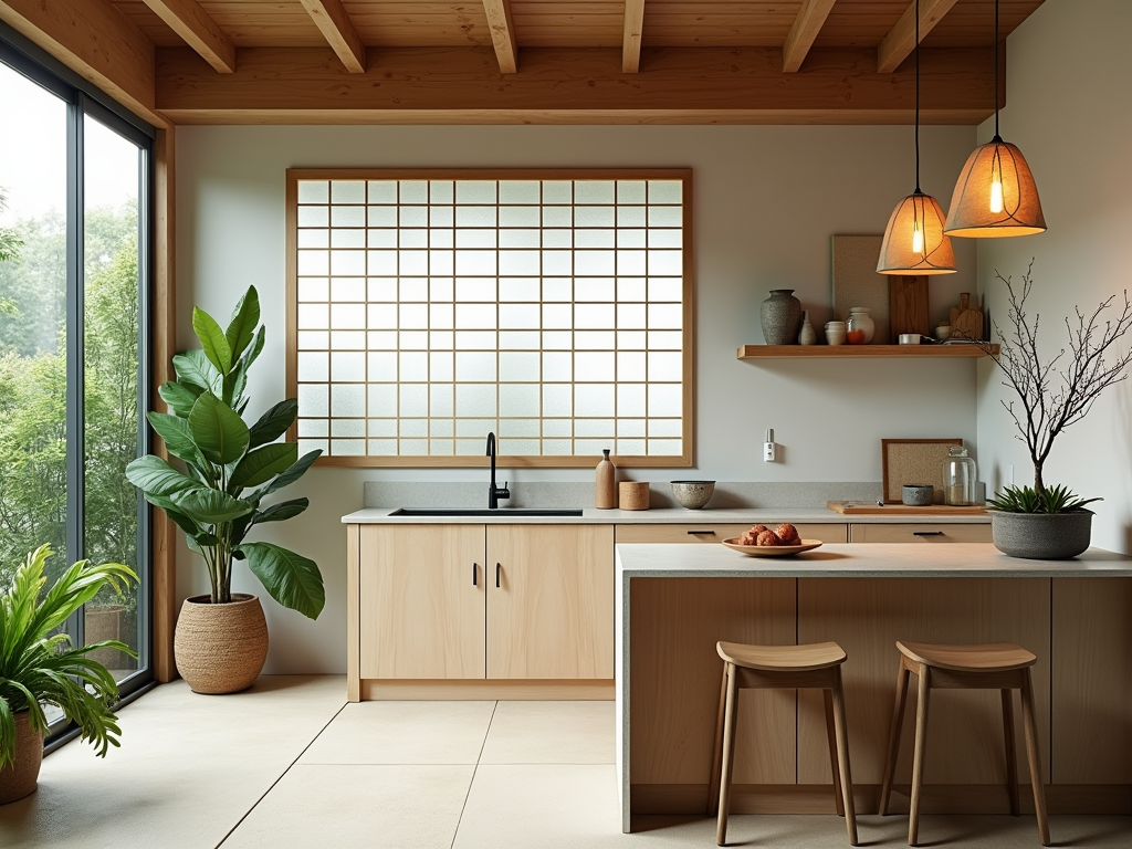 Embrace Serenity: Japanese Minimalist Kitchen with Shoji Screens