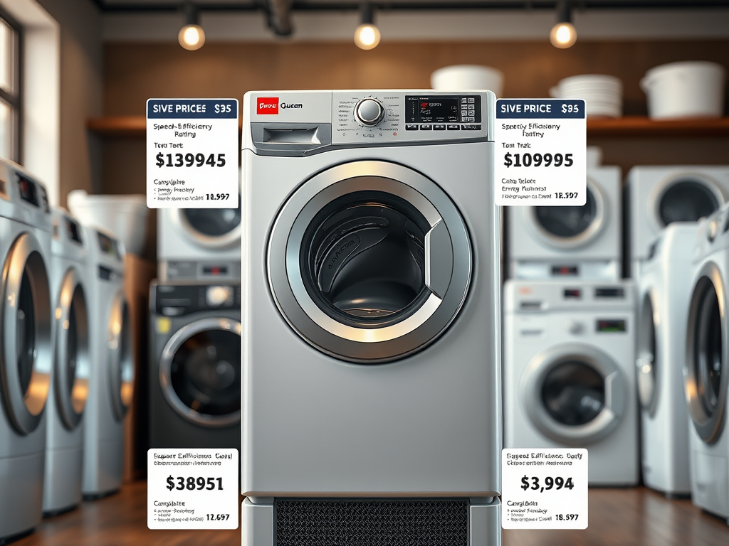 Create a realistic image of a Speed Queen washing machine in a modern laundry room, with price tags and labels showing different models and their costs. Include factors like energy efficiency ratings, capacity indicators, and warranty information displayed prominently. Show a diverse range of washing machine sizes and styles in the background, with subtle lighting highlighting the price differences.