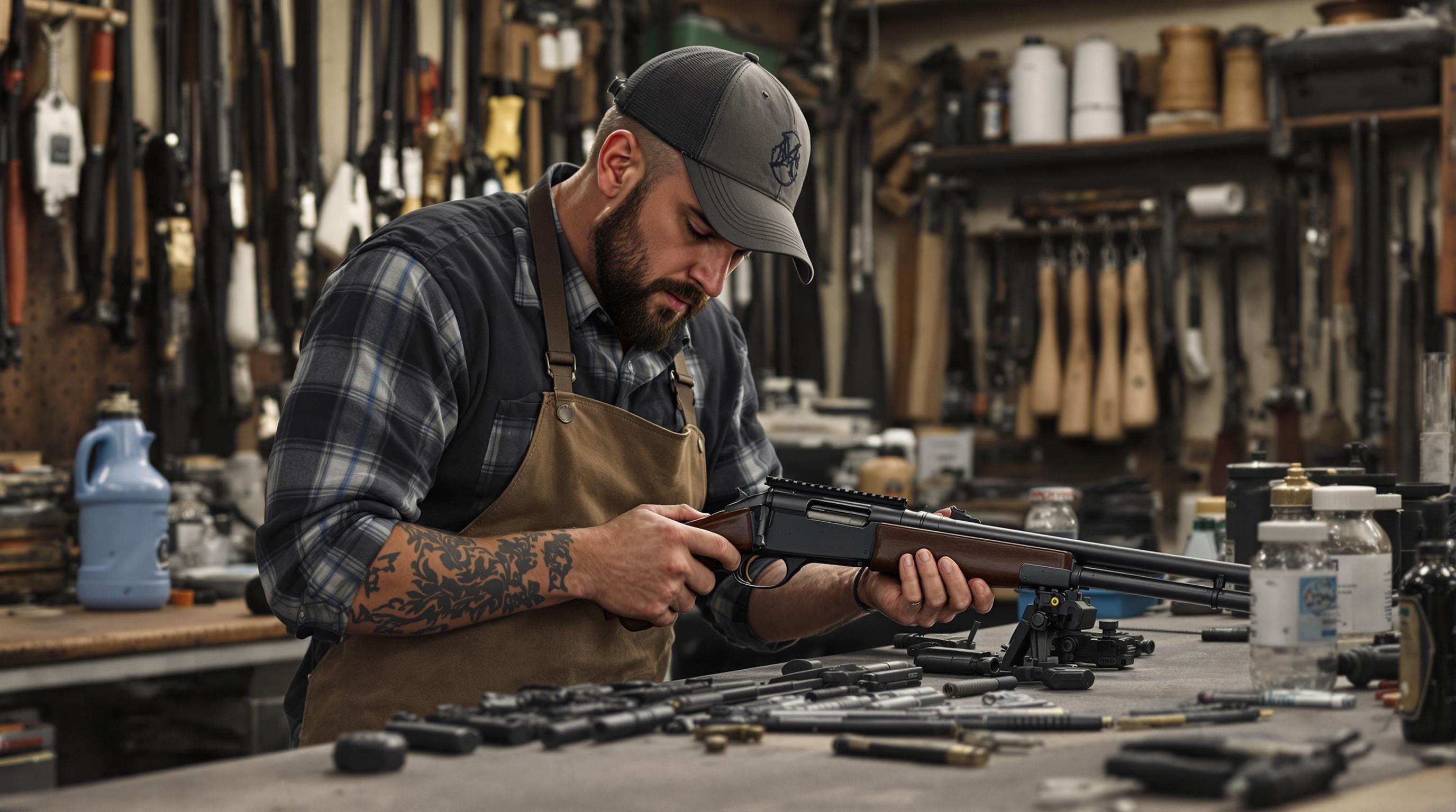 Realistic Photo of a Gunsmith Working in Workshop A skilled gunsmith meticulously working on a firearm in a well-equipped workshop.
