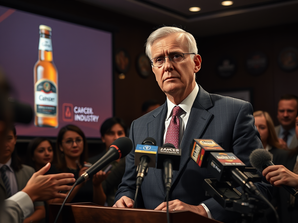 Create a realistic image of a concerned-looking white male executive in a suit standing at a podium with alcohol industry logos behind him, addressing a crowd of reporters with microphones and cameras in a dimly lit press conference room, with a projected image of a drink bottle featuring a new cancer warning label visible on a screen to his left.