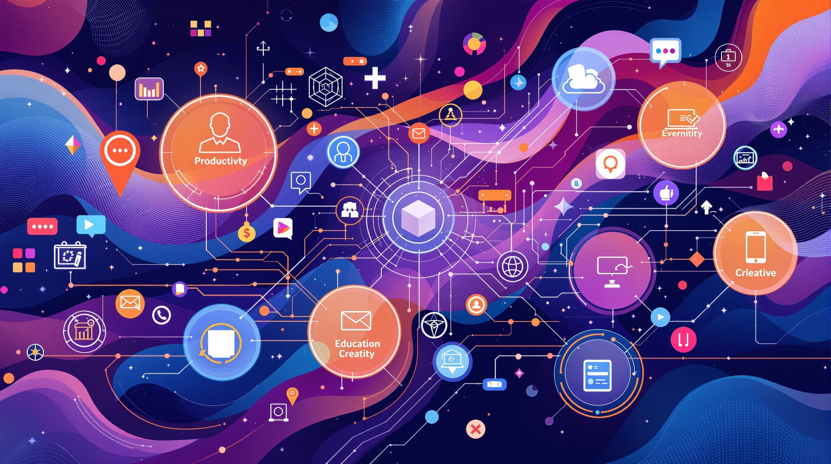 Modern infographic-style illustration depicting various categories of ChatGPT plugins such as productivity, e-commerce, education, and creativity, interconnected icons and flowing digital elements, vibrant but professional color palette, clean and futuristic design, 16:9 aspect ratio