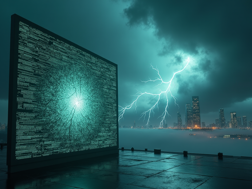 Imagine a digital landscape dominated by dark, ominous clouds swirling above a vast library that stretches infinitely into the horizon. The library, an architectural marvel made of translucent glass and steel, symbolizes the Internet Archive. In the foreground, a massive digital screen displays a chaotic scene of codes and scripts symbolizing a cyberattack. The screen is cracked, with digital glitches and static distorting the image, representing the breach's impact. Lightning bolts, crafted from streams of binary code, strike the library, illustrating the DDoS attack. The color palette is predominantly dark blues and grays, punctuated by stark white and neon green highlights that give a sense of emergency and digital chaos. The artistic style is a blend of cyberpunk and realism, creating a surreal yet urgent atmosphere. The medium is digital art, employing 3D modeling for the library and photorealistic textures for the storm and lightning, enhancing the visual depth and complexity of the scene.