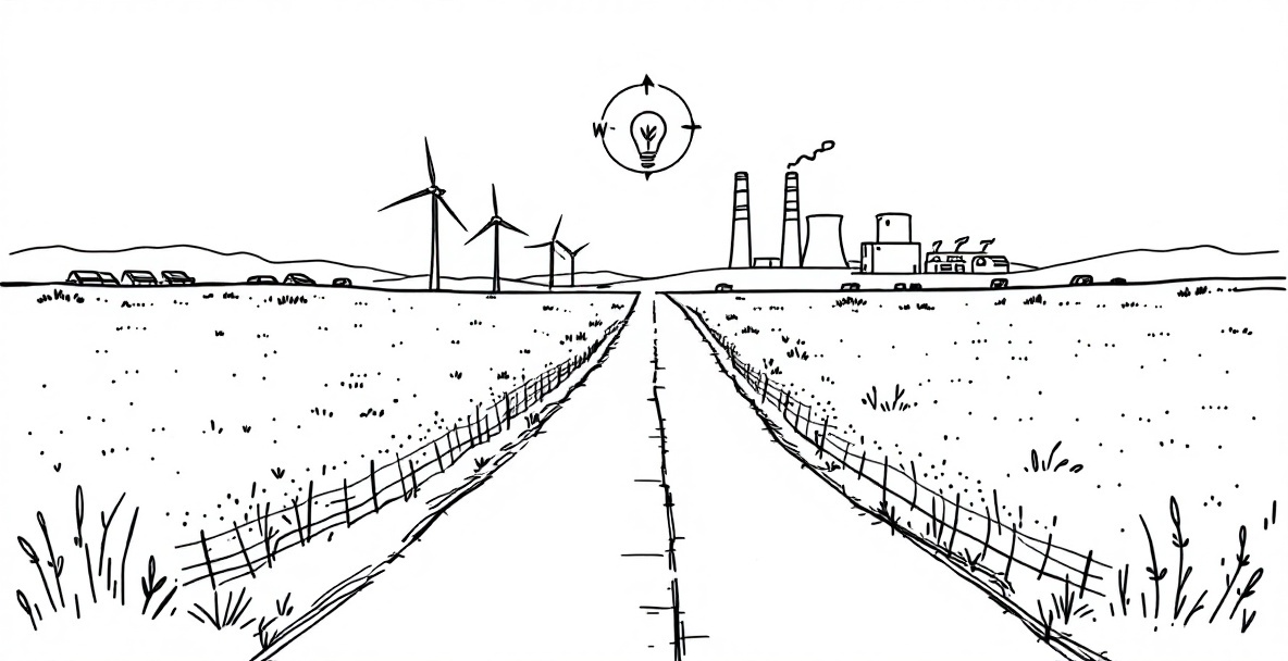 Minimalist sketch showing diverging paths between traditional and renewable energy, with a compass pointing toward renewables