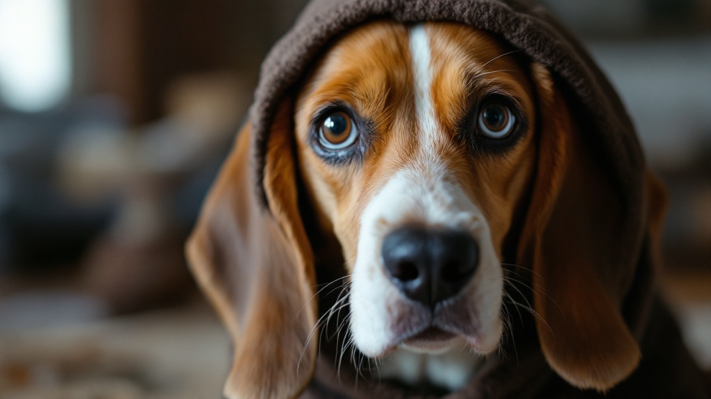 Dog displaying stress signals while wearing costume