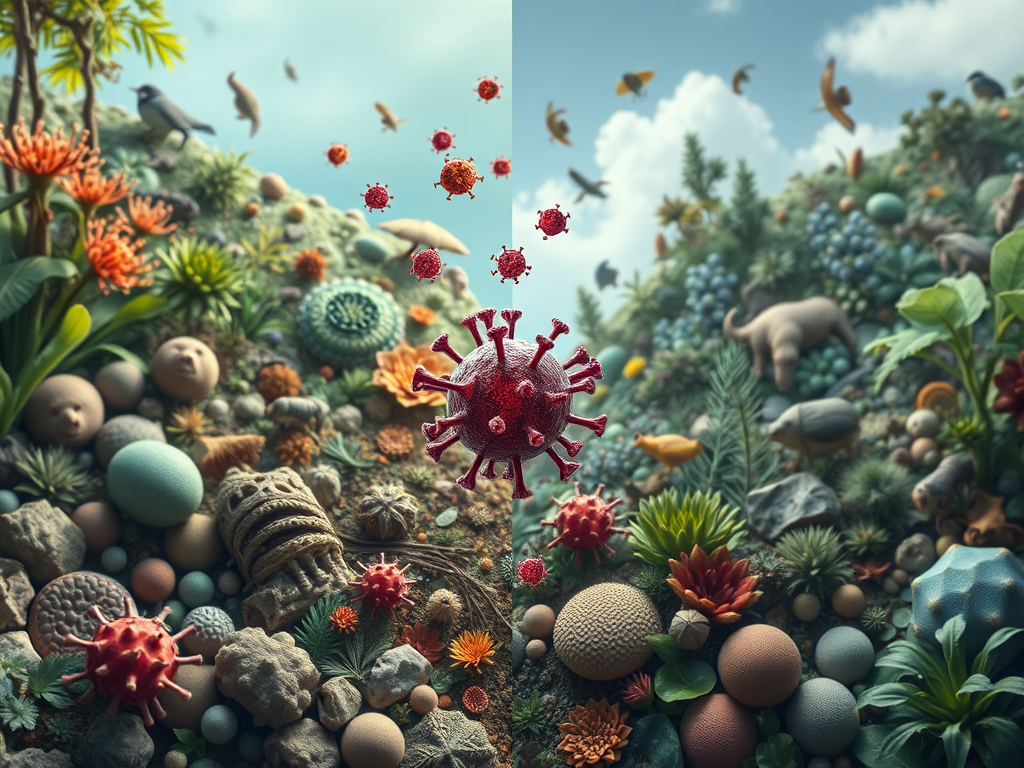 Create a realistic image of a diverse ecosystem with various animals and plants, focusing on a microscopic view of viruses interacting with bacteria and cells, symbolizing their role in maintaining balance. Include a split-screen effect showing a healthy ecosystem on one side and an imbalanced one on the other, with subtle differences in flora and fauna populations.