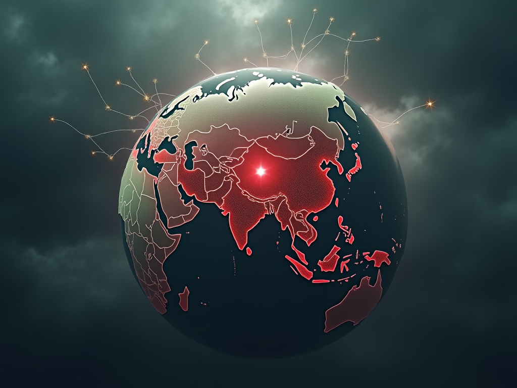 Visualize a tense and atmospheric scene representing the geopolitical shifts due to the North Korea-Russia defense treaty. Center the image on a large, imposing globe, with North Korea and Russia highlighted in a deep, menacing red, while other regions remain in muted earth tones. Above the globe, depict a shadowy, translucent network of interconnected lines and nodes symbolizing military alliances, with occasional sparks suggesting active engagements. The background should be a dark, stormy sky, conveying a sense of brewing storm, with occasional flashes of lightning to add dramatic effect. The overall mood is somber and foreboding, with a focus on the tension and uncertainty this alliance introduces into global politics. Use a realistic artistic style with a high level of detail, particularly in the textures of the globe and the ethereal quality of the network. The lighting should be dim with strategic spotlights on North Korea and Russia, making them the focal points of the composition. This cover image should evoke a sense of imminent danger and the complexities of international relations.
