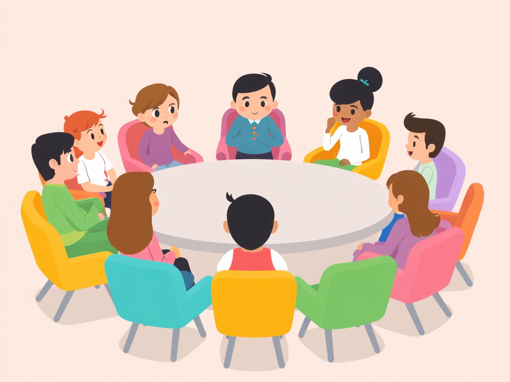 Group therapy sat on chairs around table cartoon no words