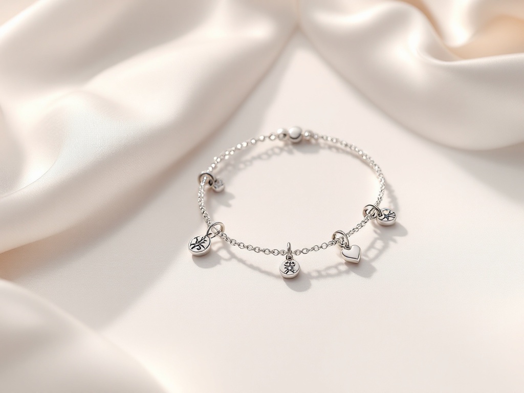 A photorealistic shot capturing a simple silver charm bracelet with a few delicate charms, displayed on a plain white surface with soft lighting