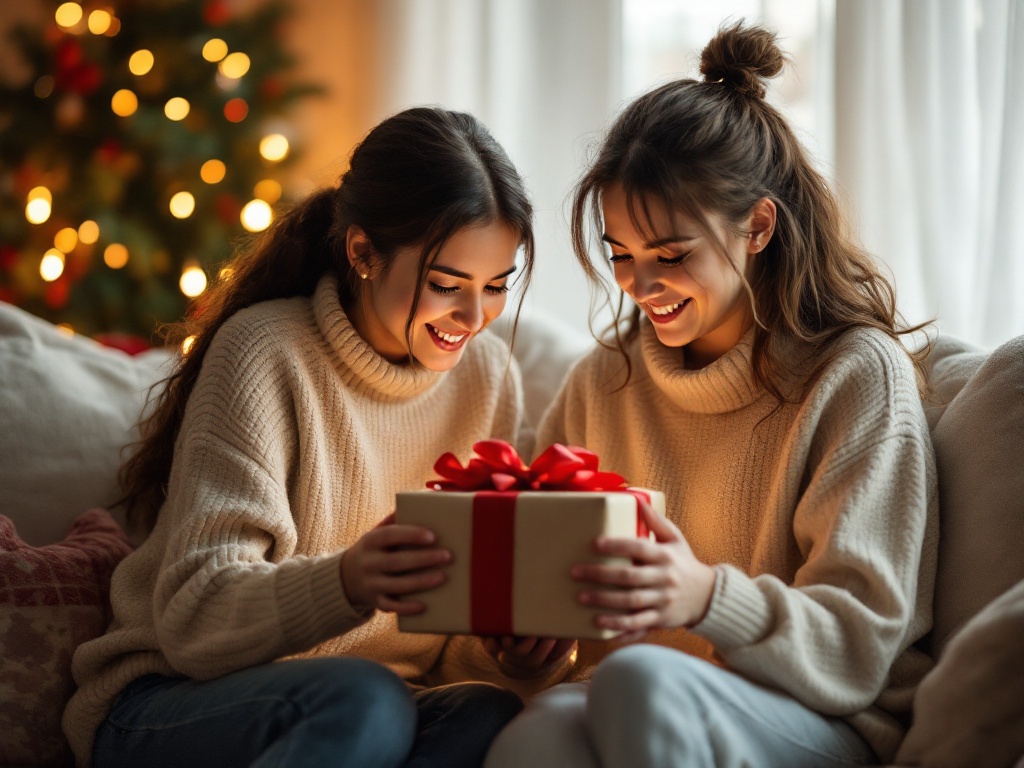 A photorealistic shot capturing a heartwarming moment between a mother and daughter as they sit together, opening a beautifully wrapped gift. The scene is set in a cozy living room with soft lighting, emphasizing the emotional connection and joy shared between them.