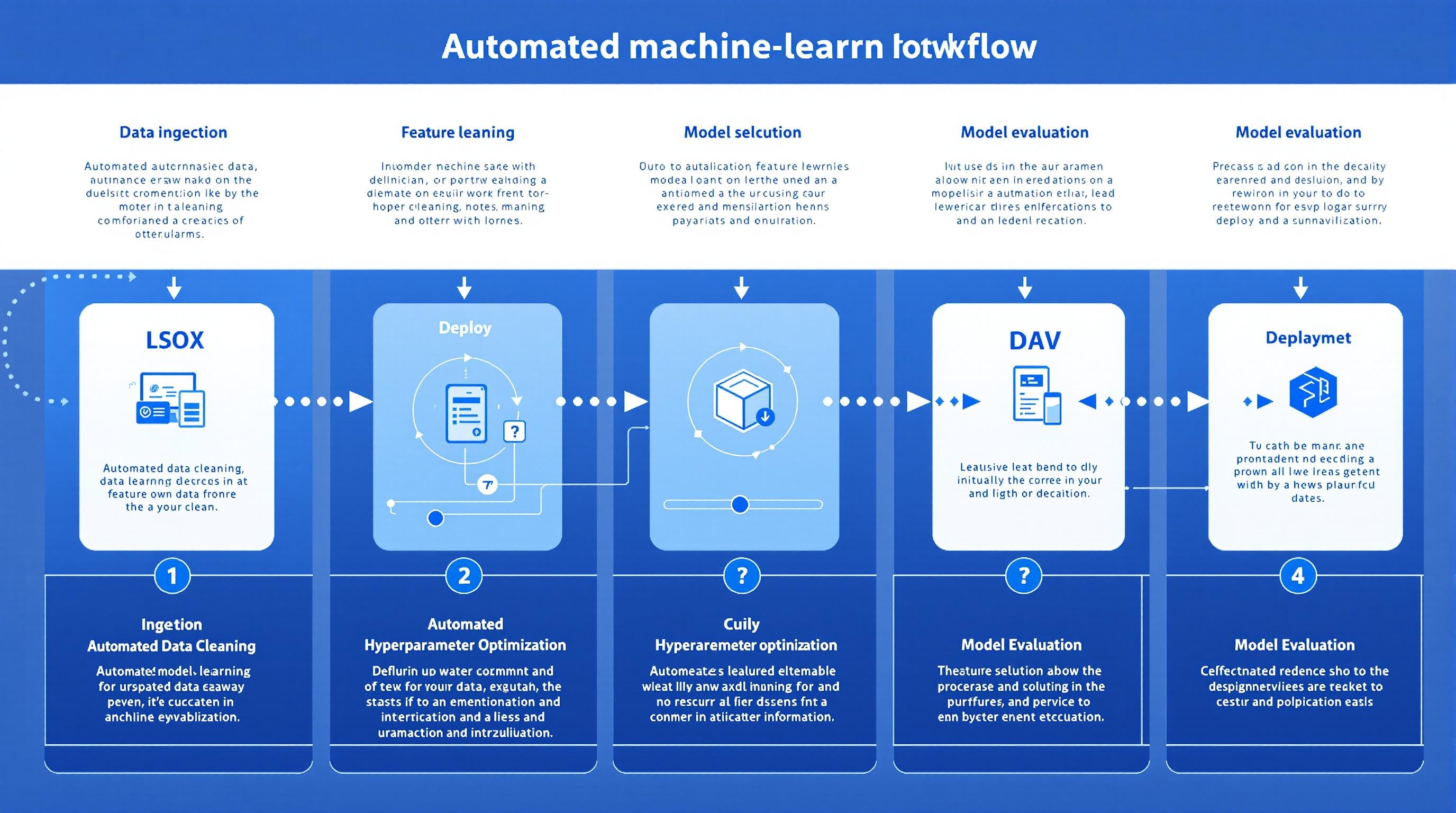 Futuristic visualization of AI-driven machine learning operations, featuring automated model monitoring dashboards, experiment management, and seamless CI/CD deployment pipelines, advanced technology interface, modern and professional style, blue and white palette, 16:9 aspect ratio, no text