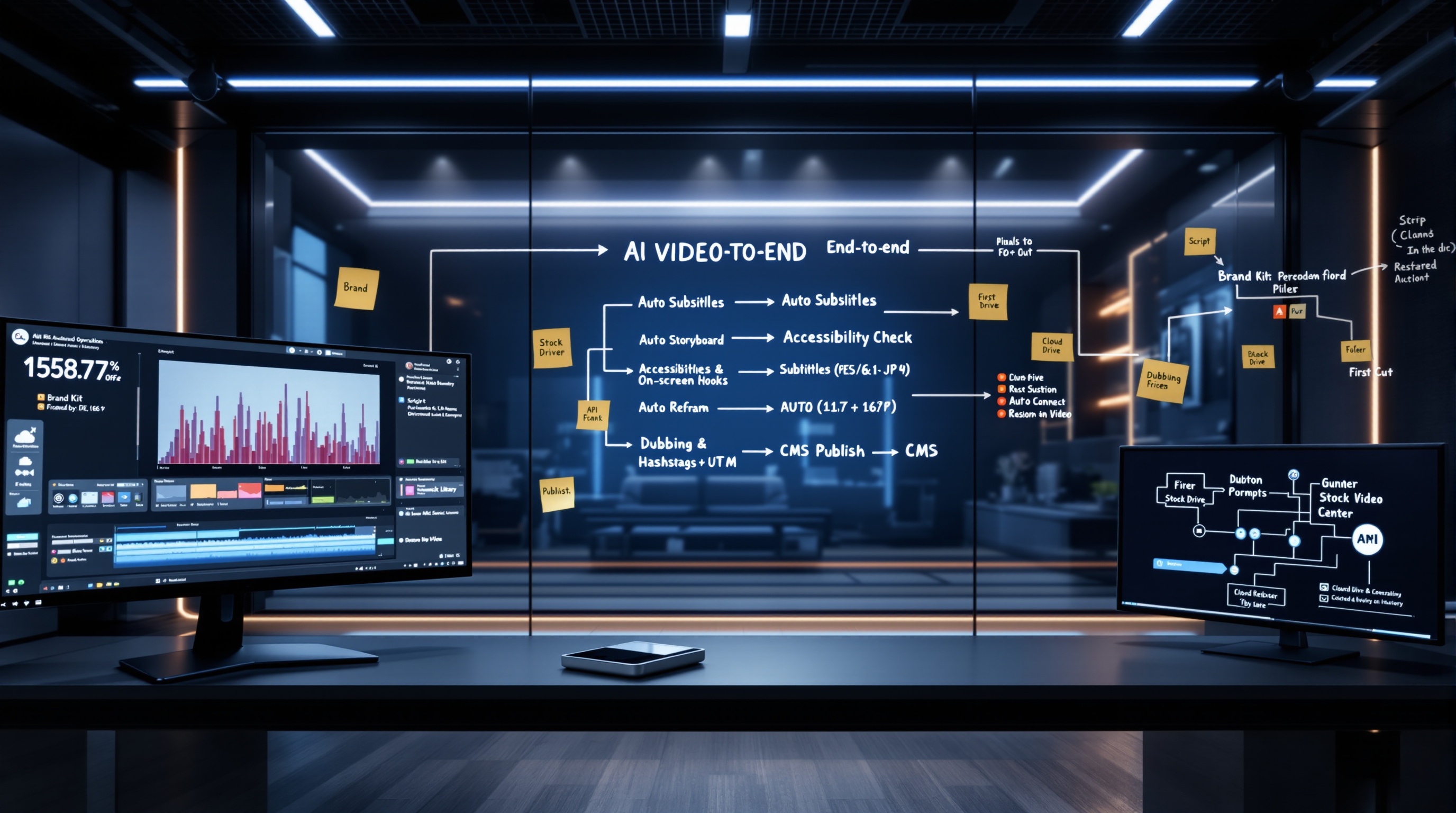 Photorealistic, cinematic wide shot of a modern video operations studio showing an automated AI video production pipeline in action. Foreground: an ultrawide monitor with a professional timeline view—color grading curves, precise cut markers, music waveform; adjacent panels display 'Auto Subtitles', 'Accessibility Check', and 'Auto Reframe 9:16 / 1:1 / 16:9'. Midground: a glass wall sketched with the end-to-end flow: 'Script' → 'Storyboard' → 'First Cut' → 'Subtitles & On-screen Hooks' → 'Dubbing (EN / ES / DE / JP)' → 'CMS Publish (hashtags + UTM)'; sticky notes labeled 'Brand Kit', 'Prompts', 'Styles'. On a side screen, a node-graph (API/Zapier-like) connects 'Cloud Drive', 'Stock Library', and 'CMS'. Team: a diverse producer pointing at the flow, an editor adjusting pacing on a control surface, and a localization specialist reviewing translated captions on a tablet. Lighting: soft daylight from large windows with subtle LED accents; screen glow reflecting on faces; mood focused, efficient, collaborative. Composition: leading lines from whiteboard arrows and monitor edges guide the eye across the pipeline; shallow depth of field with crisp UI details; clean cables and neatly arranged gear. Style: ultra-detailed, contemporary workspace realism with nuanced textures (glass, matte metal, paper). Color palette: neutral grays with pops of brand color swatches on the 'Brand Kit' panel. 16:9 aspect ratio.