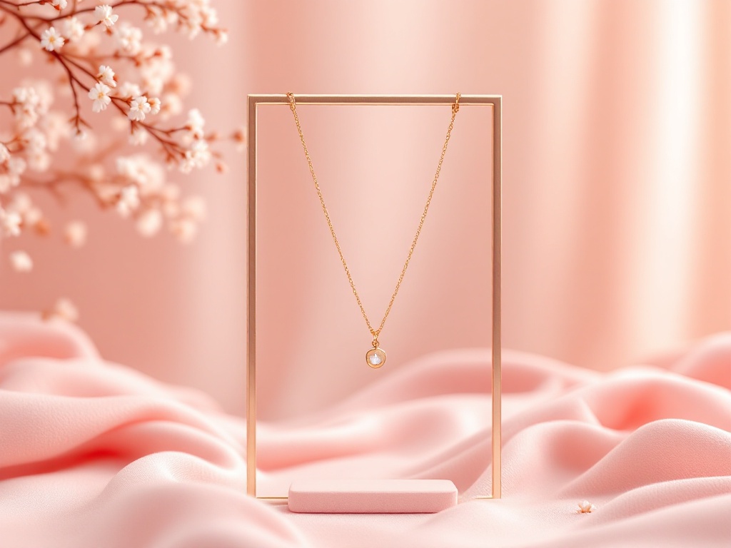 A photorealistic shot capturing a delicate gold necklace with a small pendant, displayed on a simple jewelry stand against a soft, blurred background