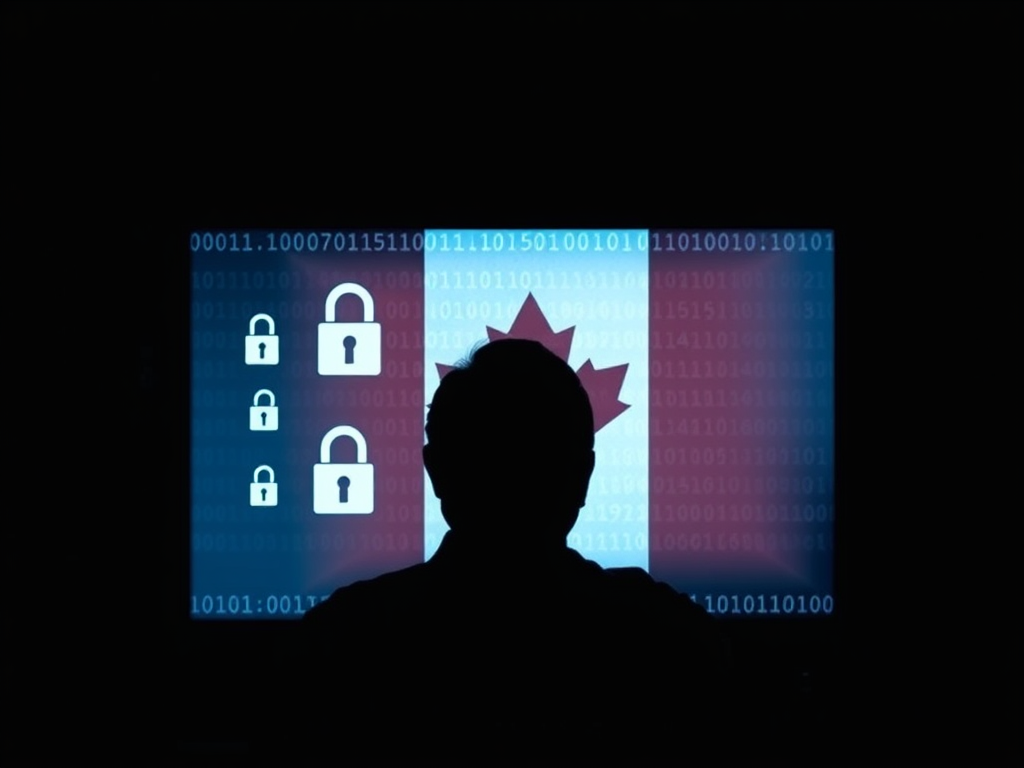 Create a realistic image of a dimly lit room with a person's silhouette visible, sitting in front of a computer screen displaying an IPTV interface. Show multiple padlock icons and a Canadian flag watermark overlaid on the screen. In the background, include shadowy figures and binary code to represent potential security threats.