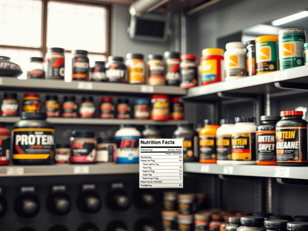 Create a realistic image of a fitness gym interior with a focus on a supplement station, featuring various protein powders, creatine containers, and pre-workout supplements neatly arranged on shelves. A nutrition facts label is prominently displayed in the foreground. The lighting is bright and clean, emphasizing the importance of careful supplement selection and usage.