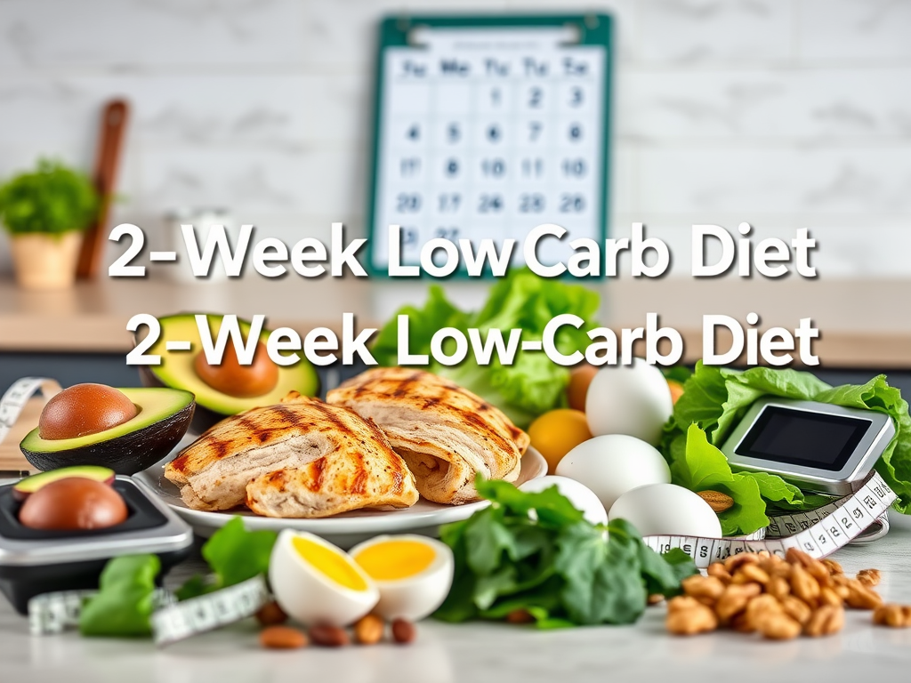 Create a realistic image of a kitchen counter with a variety of low-carb foods including grilled chicken, avocado, eggs, leafy greens, and nuts. Include a digital scale and measuring tape nearby. In the background, a blurred calendar on the wall shows two weeks highlighted. Add text overlay "2-Week Low-Carb Diet" in a clean, modern font.