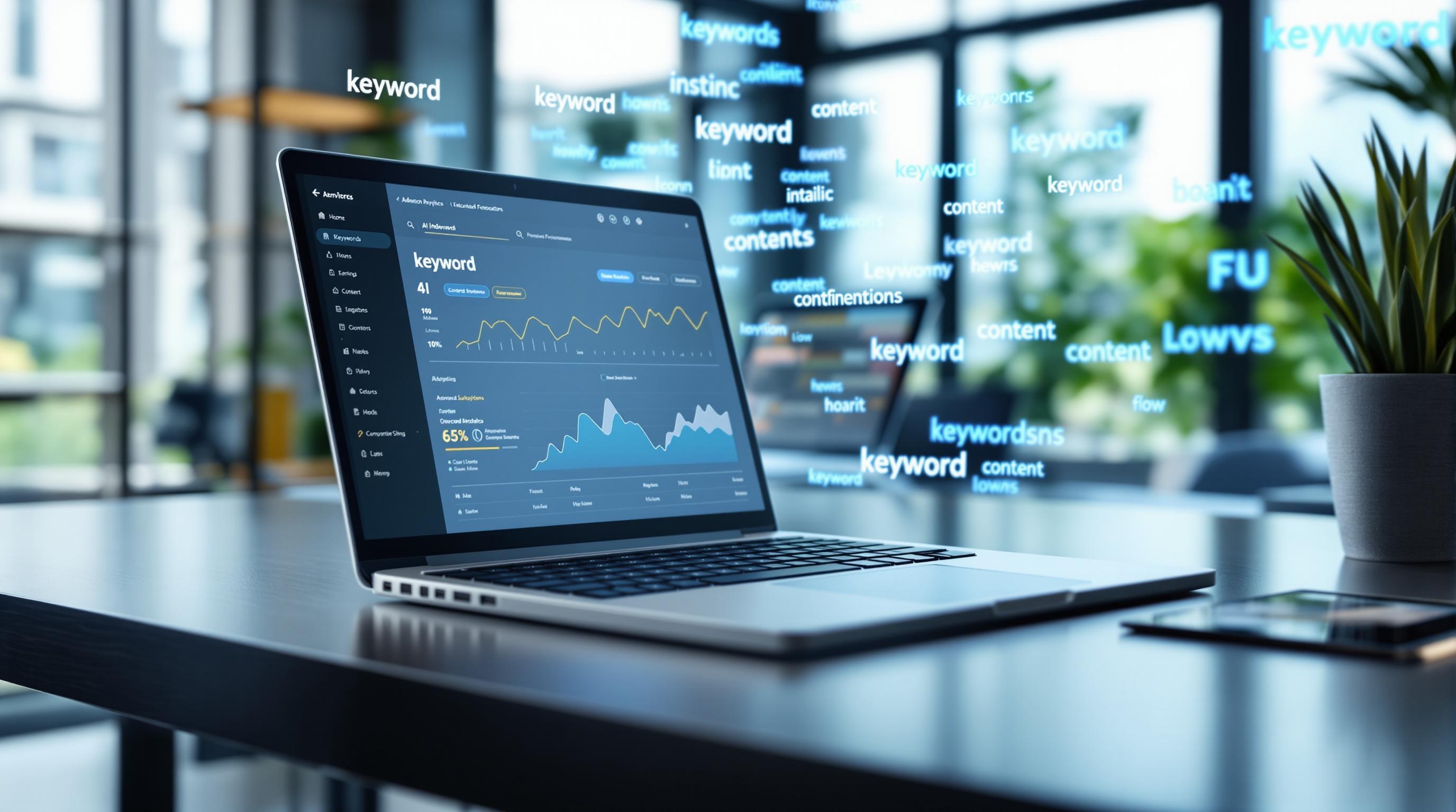 Professional infographic-style illustration showing a website’s organic traffic growth and keyword ranking improvements after prompt optimization, with upward-trending graphs, digital dashboards, and a futuristic, data-driven aesthetic, 16:9 aspect ratio, clean and modern design