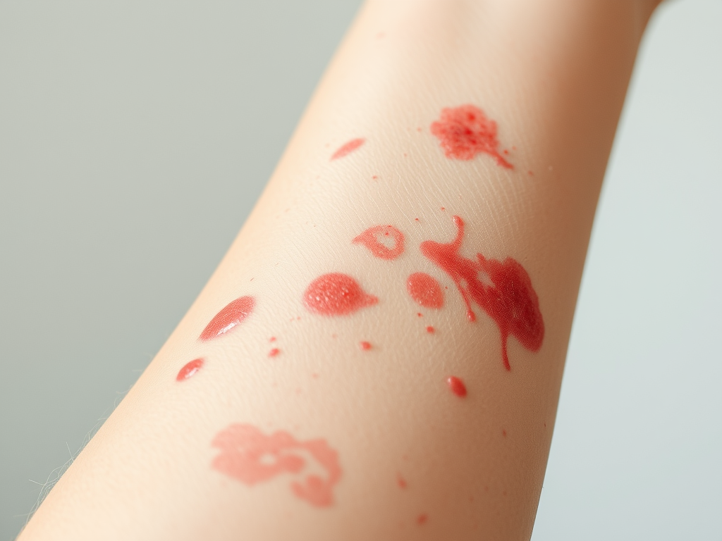 Create a realistic image of a close-up view of a white female's arm with visible red, raised, and irregular skin rashes, showcasing various types of skin reactions beyond typical hives, set against a neutral background with soft, clinical lighting to highlight the skin's texture and discoloration.