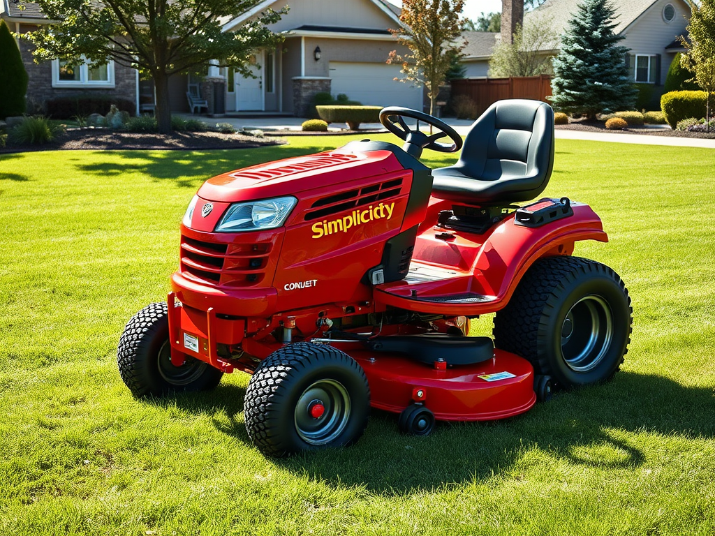 Create a realistic image of a bright red Simplicity Conquest yard tractor mower on a well-manicured suburban lawn, with sunlight glinting off its polished surface, showcasing its powerful engine and comfortable high-back seat, surrounded by neatly trimmed grass and a few scattered trees in the background.