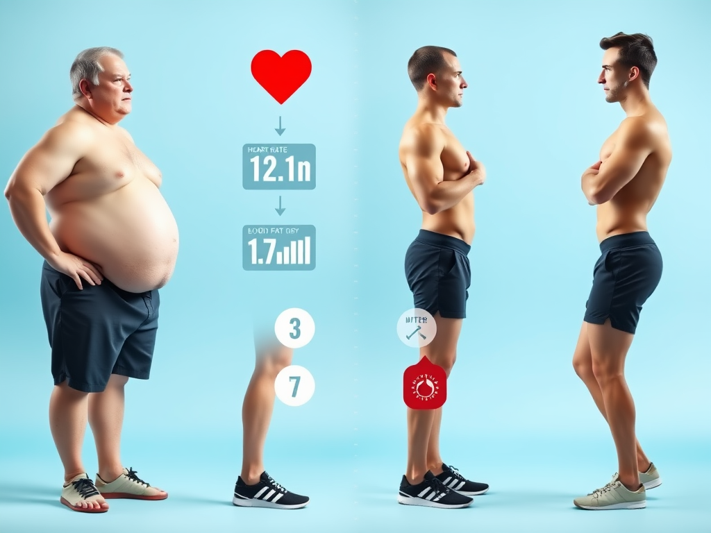 Create a realistic image of a split-screen comparison showing a white male's body transformation: on the left, an overweight physique, and on the right, a fit and toned physique. Include health metric icons like heart rate, blood pressure, and body fat percentage improving from left to right. The background should be a light blue gradient, symbolizing progress and health.