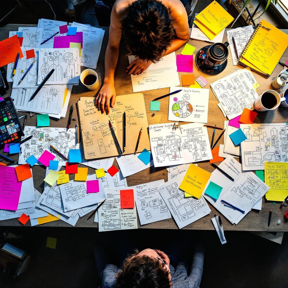 A cluttered workspace with papers, drafts, and coffee cups, illustrating the creative chaos of brainstorming workflows, with a person reflecting on the documents.