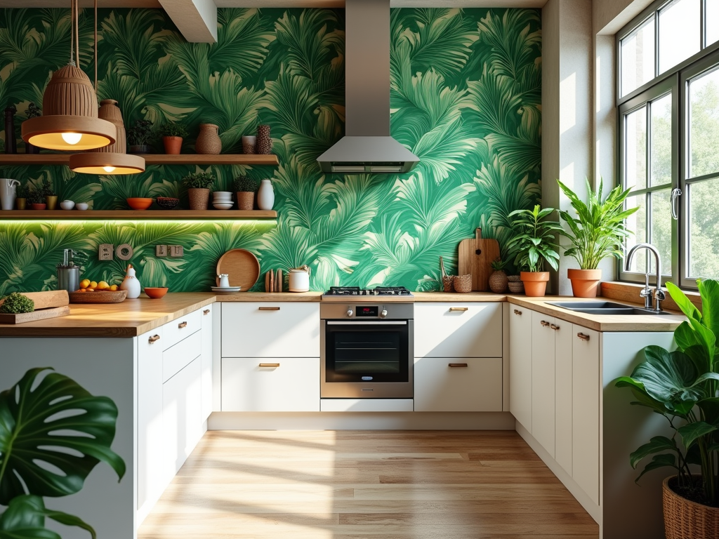 Tropical vibes: transform your kitchen with palm leaf patterned wallpaper