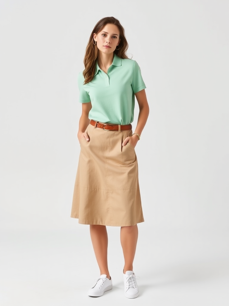 Woman in preppy polo and khaki skirt outfit