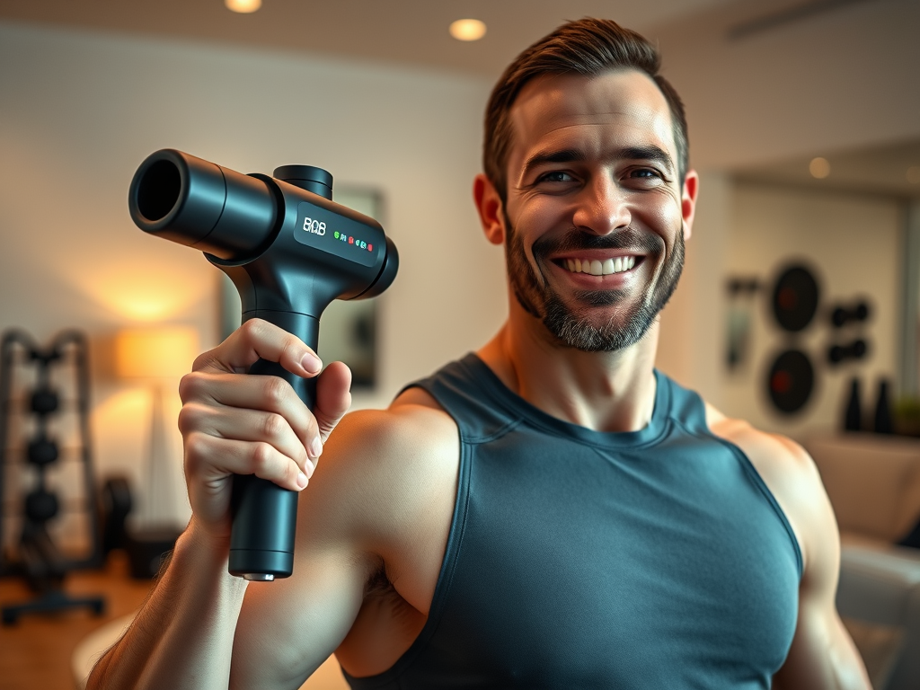Create a realistic image of a white male athlete using a BOB AND BRAD C2 Pro massage gun on his shoulder, with a satisfied expression, demonstrating ease of use. The device's display shows temperature settings, indicating heat therapy. In the background, a clean, modern living room setting with workout equipment visible. Soft, warm lighting enhances the comfortable atmosphere.