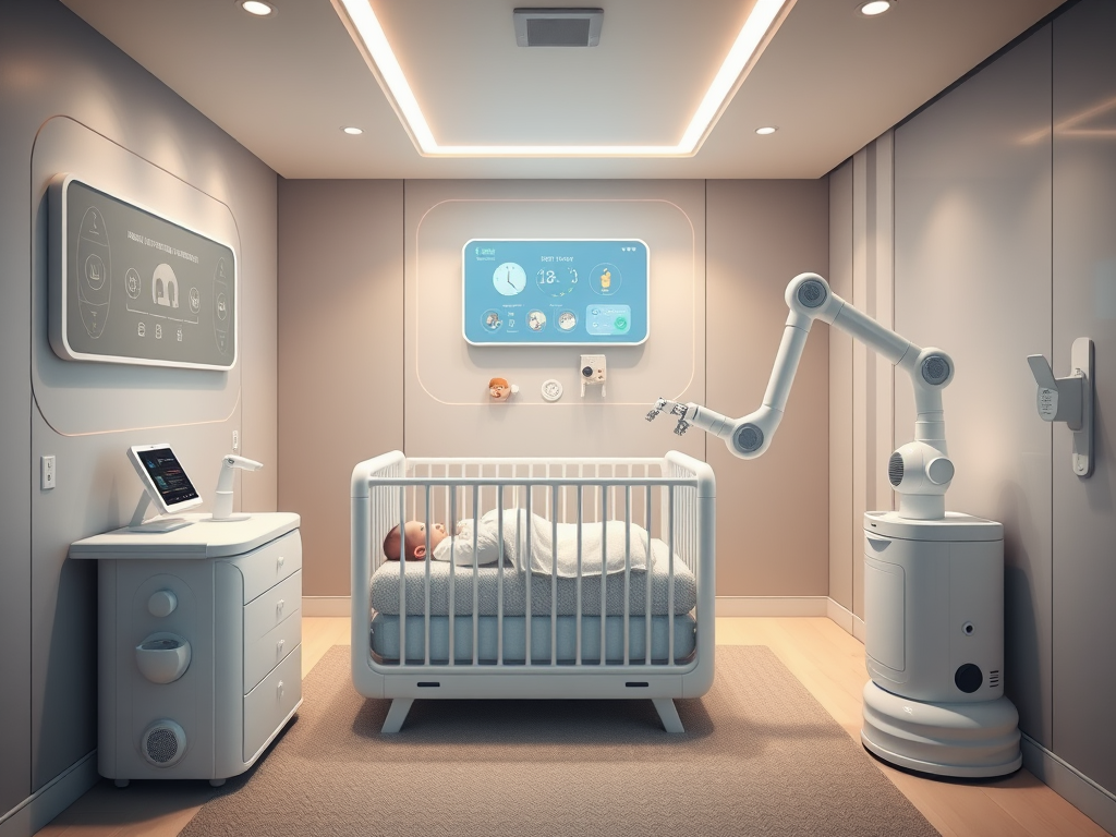 Create a realistic image of a modern nursery with advanced baby care technology, featuring a smart crib with built-in monitors, a wall-mounted digital display showing vital signs, and a robotic arm bottle feeder, all bathed in soft, ambient lighting to create a calm and futuristic atmosphere.