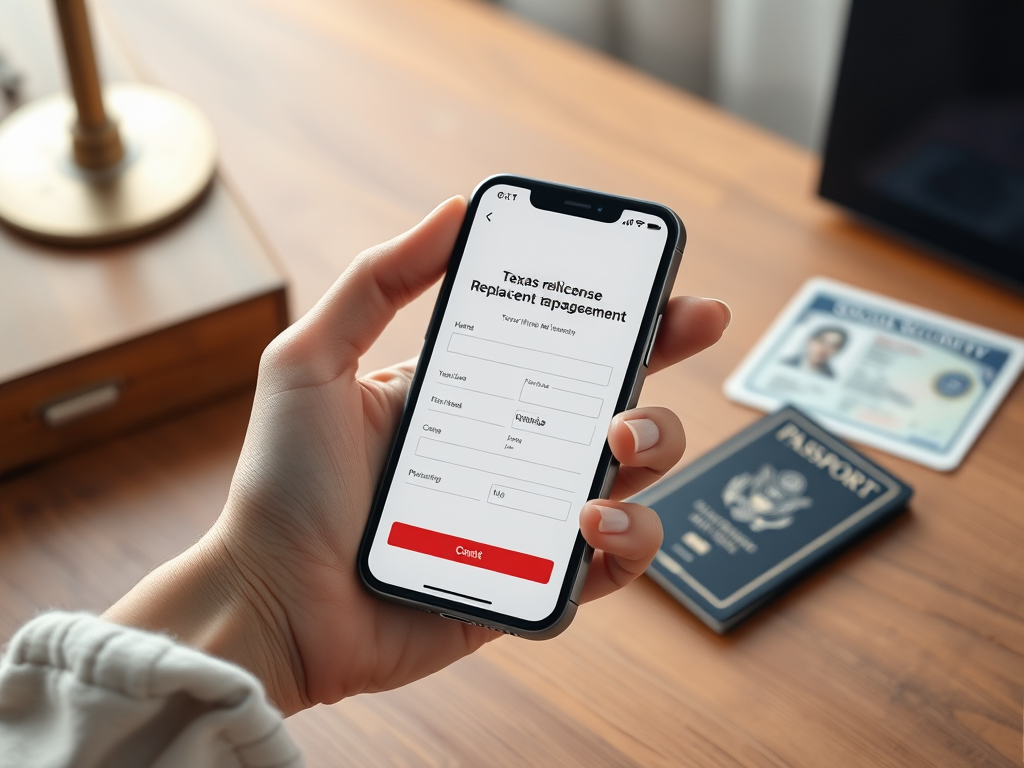 Create a realistic image of a white female hand holding a smartphone displaying a digital form for Texas license replacement, with a Texas driver's license, Social Security card, and passport visible on a wooden desk in the background, soft indoor lighting illuminating the scene.