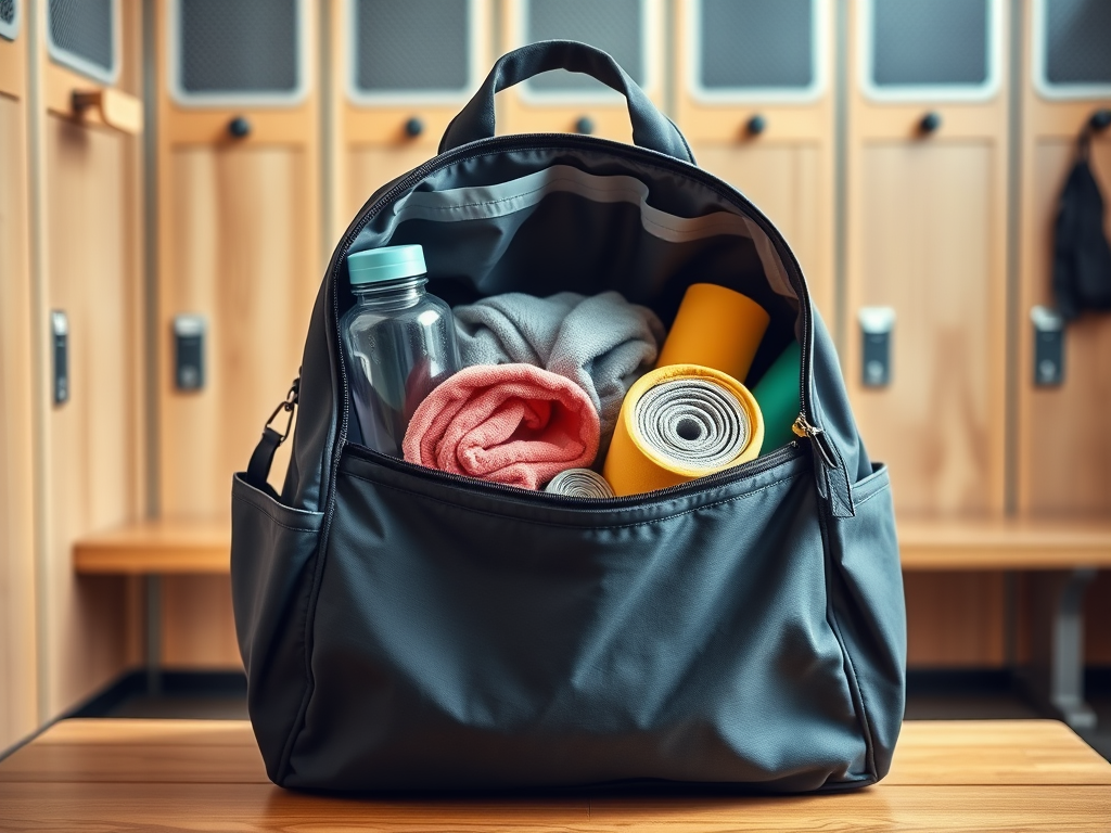 Create a realistic image of an open gym bag with a yoga mat holder, showcasing neatly organized fitness essentials like a water bottle, towel, workout clothes, and a yoga block. The bag is placed on a wooden bench in a well-lit locker room, emphasizing the organized layout of items for easy access during yoga and fitness routines.