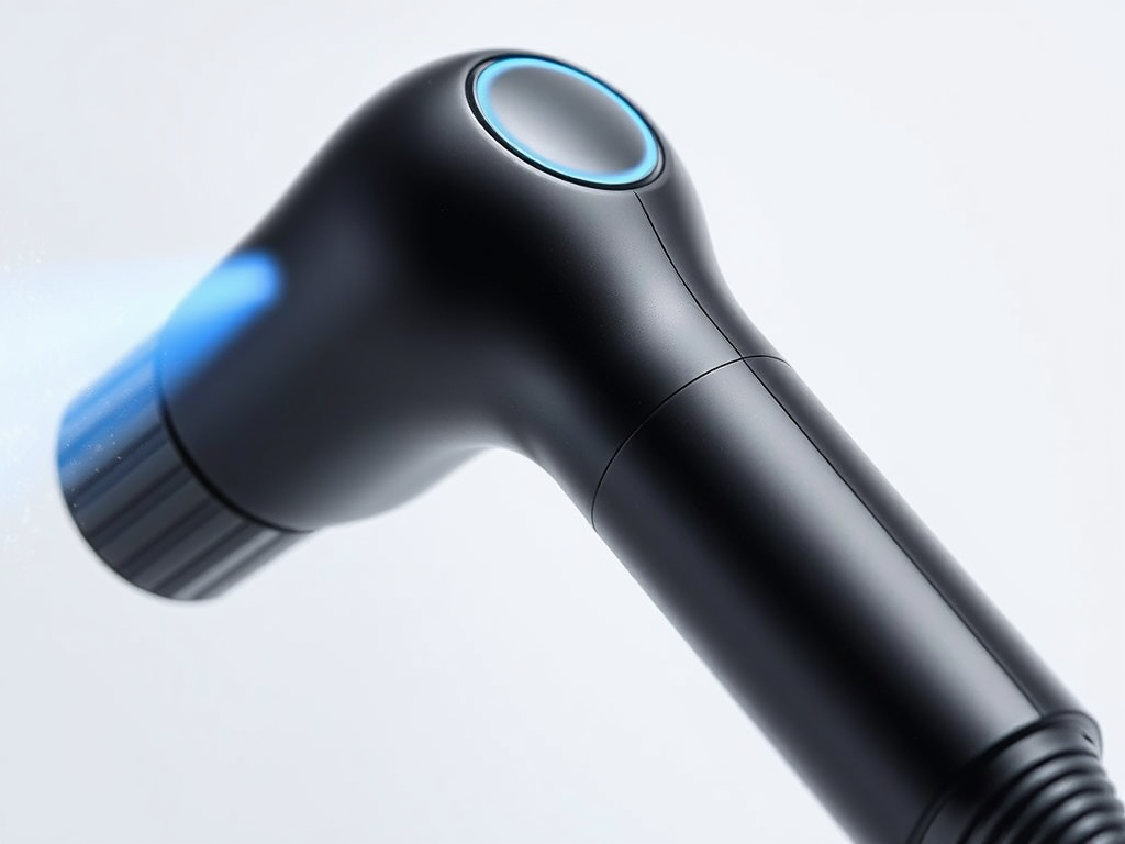 Create a realistic image of a sleek black massage gun with a blue-tinted attachment, emitting a visible cold mist against a light background, with small ice crystals forming on its surface, suggesting refreshing cold therapy in action.