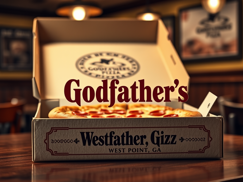 Create a realistic image of a pizza box with "Godfather's Pizza" logo, featuring a special offer banner on top. Show a slice of pepperoni pizza partially visible inside the open box. Include a "West Point, GA" text in smaller font below the logo. Add a background of a cozy pizzeria interior with warm lighting.