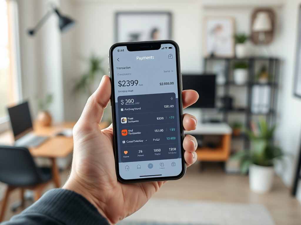 Create a realistic image of a smartphone displaying a digital payment app interface, showing transaction history and income data. The screen should be bright and clear, with a hand holding the device against a blurred background of a modern home office setting.