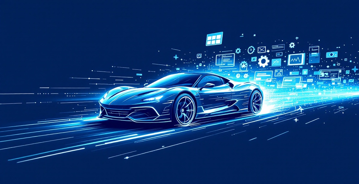Minimalistic sketch of a car with digital elements symbolizing website speed optimization.