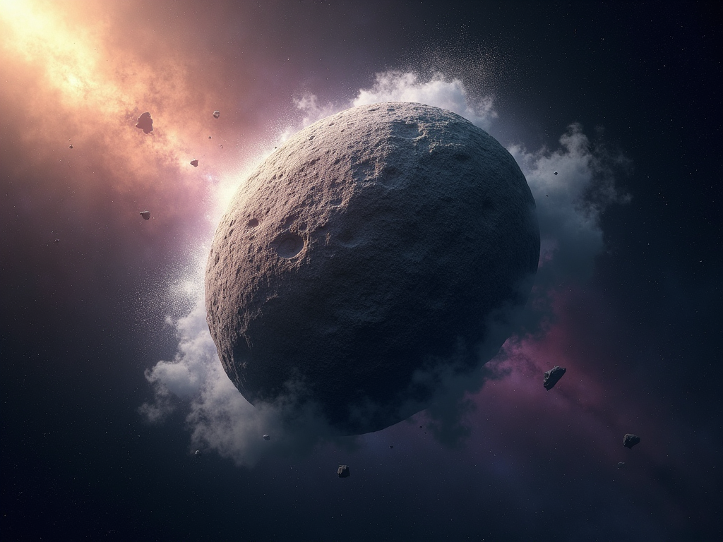 Imagine a cosmic tableau that captures the essence of asteroids as the architects of life. The central focus of the image is a large, textured asteroid, unblemished and primitive, floating majestically in the vastness of space. Its surface is a rich mosaic of dark grays and subtle browns, speckled with tiny white and blue elements representing the volatile compounds. Surrounding the asteroid, a delicate mist of icy particles and water vapor, depicted in soft whites and blues, illustrates the release of volatiles. In the background, the deep blackness of space contrasts sharply with the vibrant, star-studded cosmos, hinting at distant galaxies and nebulae in hues of purple, blue, and pink. A beam of sunlight, entering from the top left corner, bathes the asteroid in a warm, golden light, highlighting its role in seeding Earth with life's essentials. The artistic style blends realism with a touch of surrealism, emphasizing the mystical and profound nature of the cosmos. This visual narrative not only depicts the asteroid's physical characteristics but also symbolizes its fundamental role in the origin of life, making it a perfect cover image for the paper on the delivery of Earth's volatile elements by primitive asteroids.