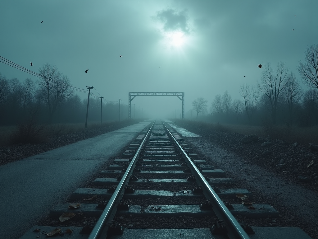 Visualize a dramatic and poignant scene depicting the severed inter-Korean roads and railways at the border, engulfed in the gloomy twilight of an overcast sky. The foreground should feature the crumbled remains of a concrete road and twisted railway tracks, symbolizing the abrupt cessation of cooperation and the heightened tensions. In the background, looming ominously, the silhouette of a militarized border fence stretches across the landscape, further emphasizing the division. A few scattered leaves, symbolic of lost hopes, flutter around the desolate scene. The color palette is dominated by cold, muted tones of gray and blue, with occasional stark white highlights reflecting off the broken surfaces, suggesting a chilling atmosphere. The artistic style should be a blend of photorealism and surrealism, capturing both the harsh reality and the surreal nature of this drastic action. The lighting is dim, with a single beam of light penetrating the clouds, illuminating the destruction, creating deep shadows and enhancing the visual depth. This image should evoke a sense of loss and foreboding, reflecting the gravity of the situation and the regional impact of North Korea's actions.