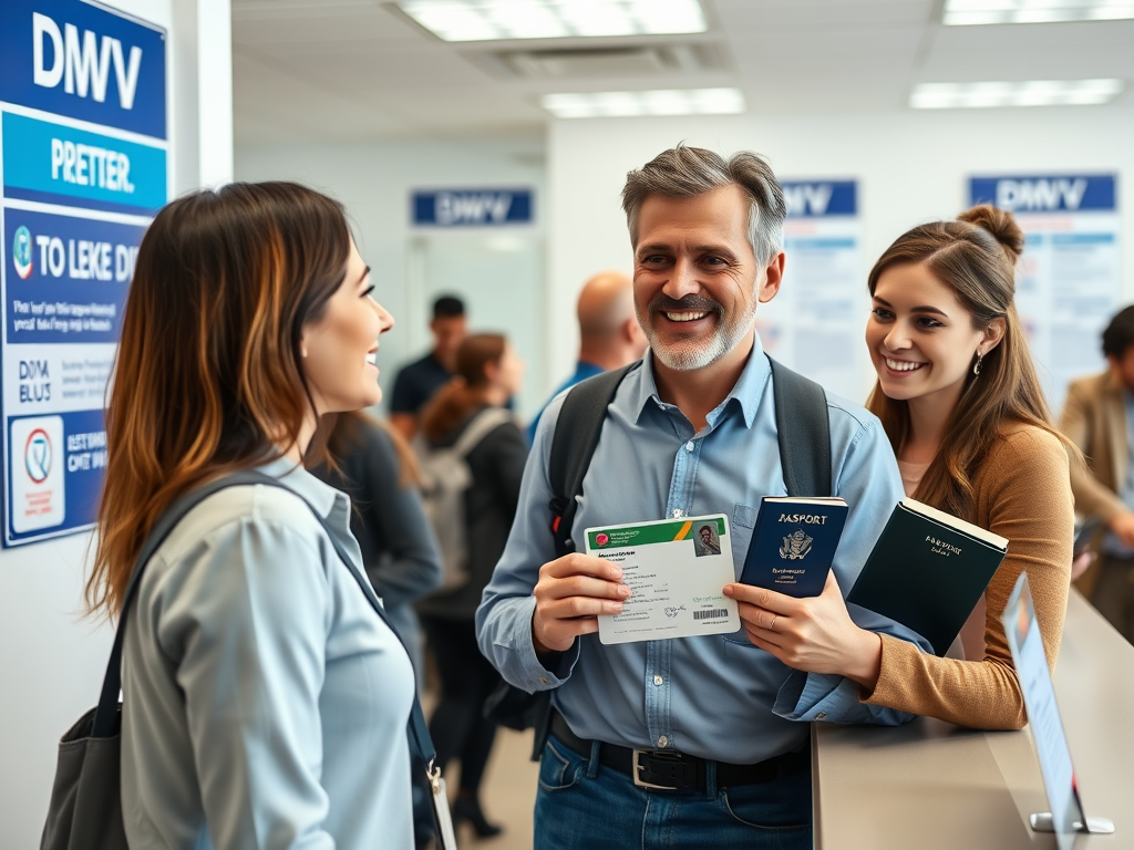 Create a realistic image of a white male in his 30s standing at a DMV counter, holding his foreign driving license and passport, with a friendly female DMV employee assisting him. The background shows other people waiting in line and informational posters about US driving regulations. The lighting is bright and office-like, creating a bureaucratic atmosphere.