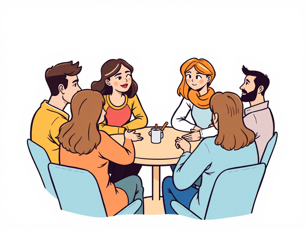 Support group image of a drawing (clipart) of 5-6 people (men and women) talking in a circle with varying expressions around a small table with different ethnicities