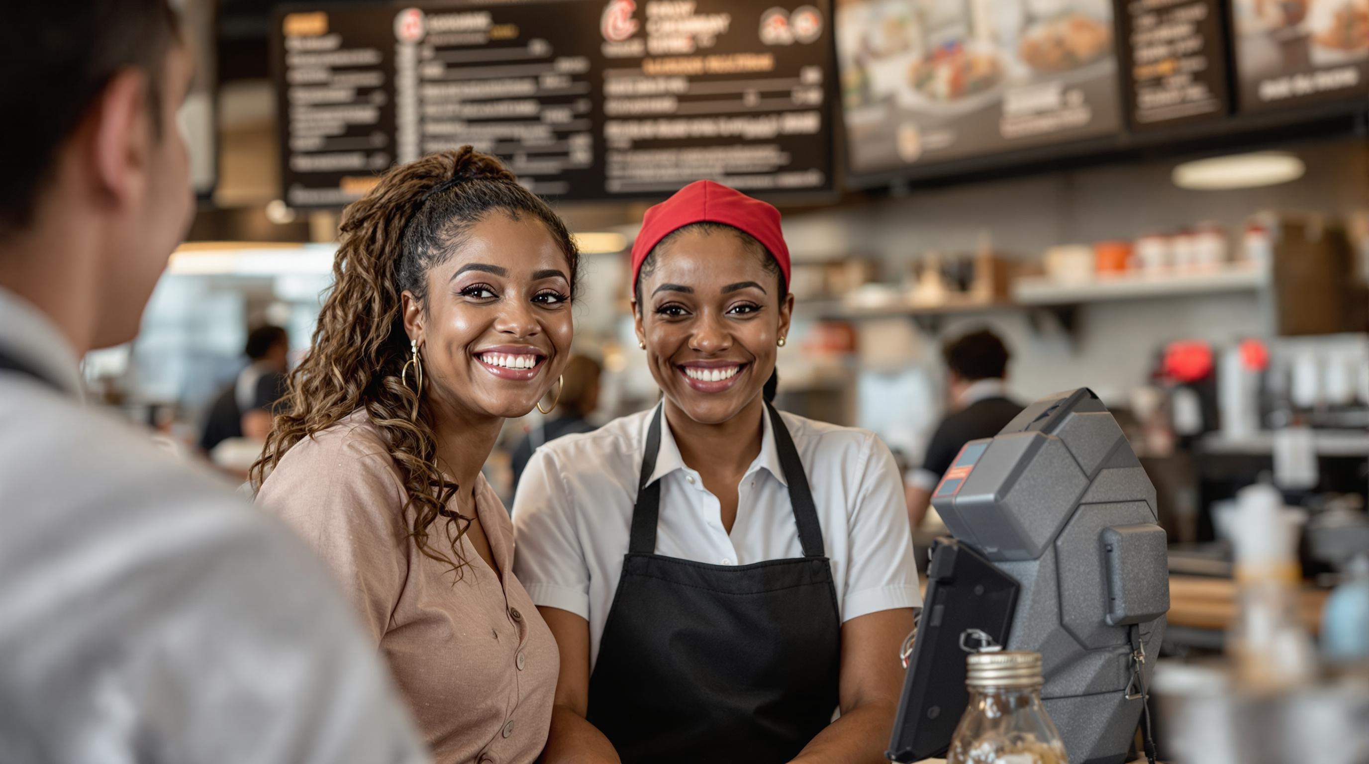 Chick-fil-A Team Members Smiling at the Counter A group of diverse Chick-fil-A team members smiling and interacting with customers at the counter in a warm and welcoming atmosphere.
