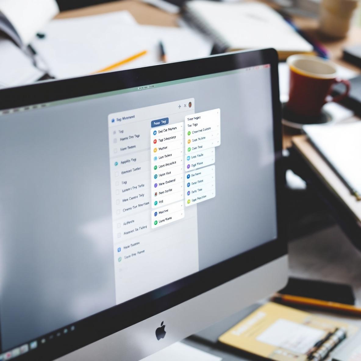 A close-up view of a laptop screen displaying the Toggl tag management interface, surrounded by a disorganized desk with notebooks and a coffee cup, illustrating the challenge of keeping tags consistent in time tracking.