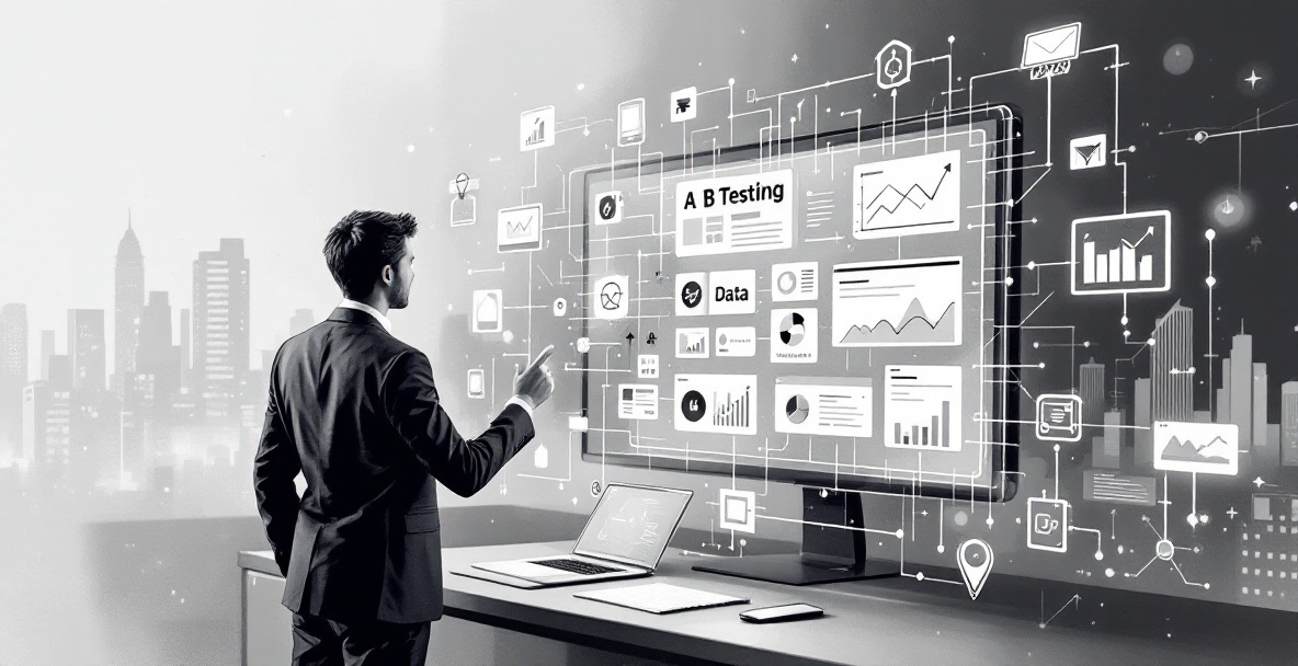 Marketer interacts with a display screen showing icons for data tools, surrounded by tech devices, with a cityscape backdrop.