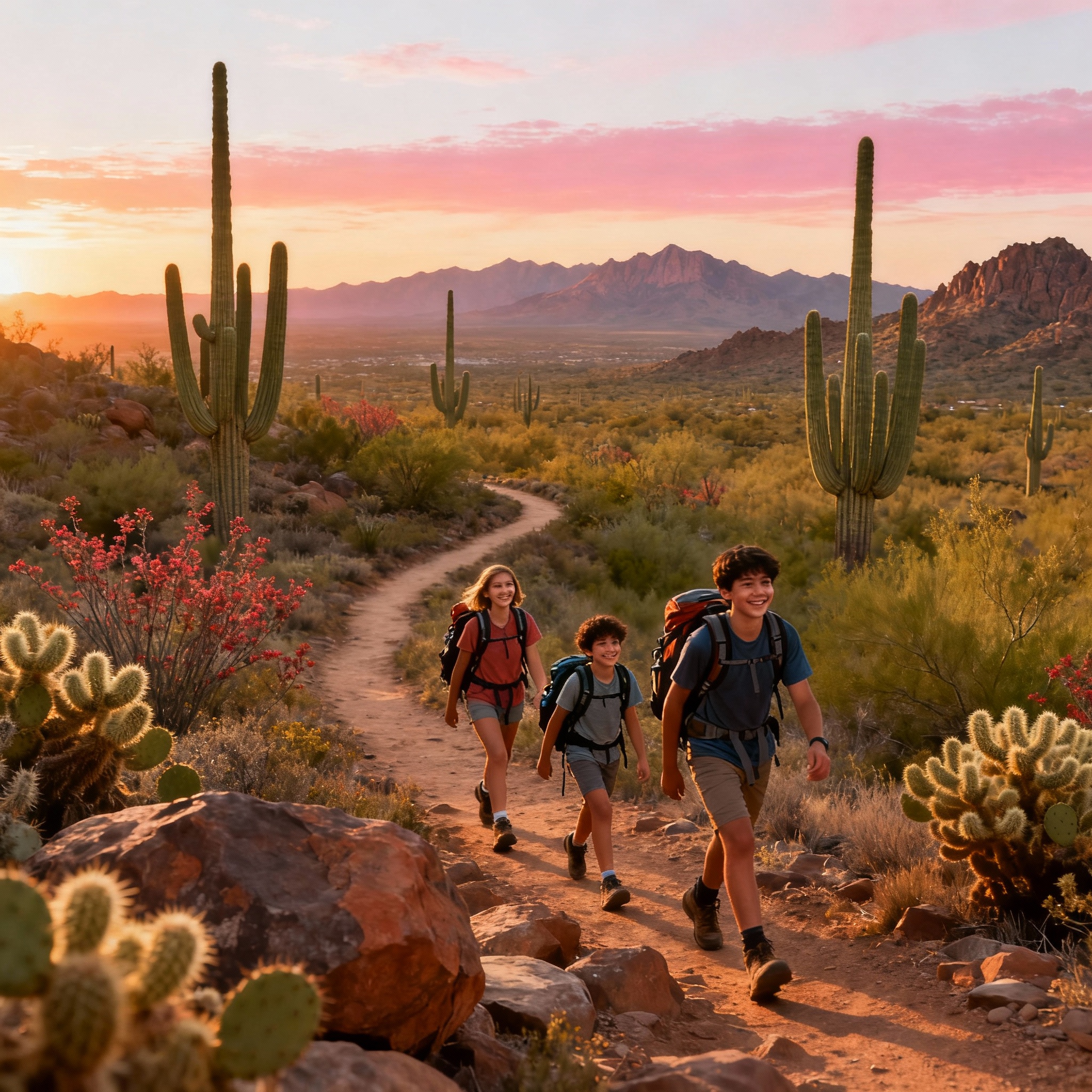 A photorealistic wide shot of a family hiking a desert trail at sunrise near Fountain Hills, warm morning light, rugged tr...
