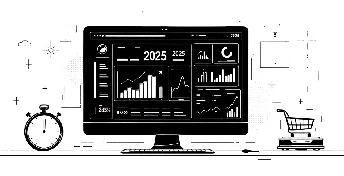 Minimalist sketch of a futuristic workspace with digital dashboard, stopwatch, and shopping cart icon.