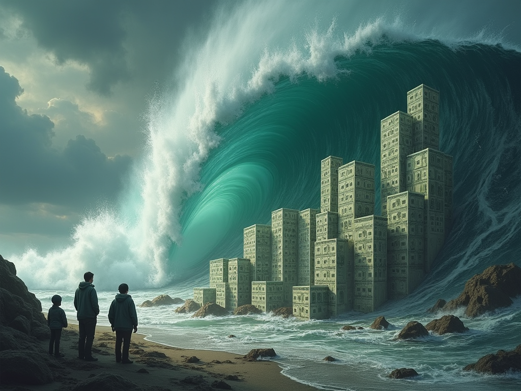 Visualize a powerful and thought-provoking cover image for the paper on the U.S. national debt surge. The central image is a giant, overwhelming wave, symbolizing the $35.8 trillion national debt, about to crash over a fragile model city made of dollar bills and financial documents. The city represents the U.S. economy, under imminent threat from the towering wave. The background features a stormy sky, painted in deep blues and grays, reflecting the grim fiscal outlook. The foreground should show a small group of diverse people - a young adult, an elderly person, and a middle-aged worker - looking up with concern and uncertainty, highlighting the intergenerational impact of the debt. The entire scene is illuminated by a dramatic, dim light, suggesting an impending crisis. The artistic style is hyper-realistic with a touch of surrealism to enhance the metaphorical elements. The color palette is dominated by dark blues, grays, and the green of the dollar bills, creating a mood of tension and urgency. This image should not only capture the enormity of the debt but also provoke a visceral response from the viewer, emphasizing the need for urgent fiscal reforms.