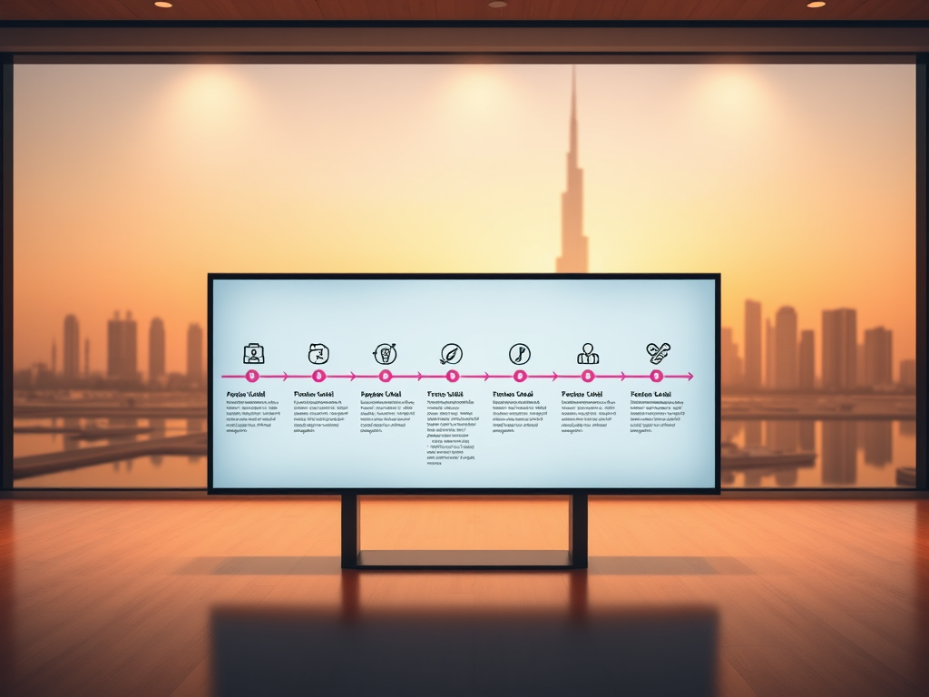 Create a realistic image of a detailed timeline infographic displayed on a sleek digital screen, showing various steps of UAE visa processing with icons representing different stages like application submission, document verification, and visa approval, set against a background featuring the Dubai skyline silhouette, with warm lighting to convey a welcoming atmosphere.