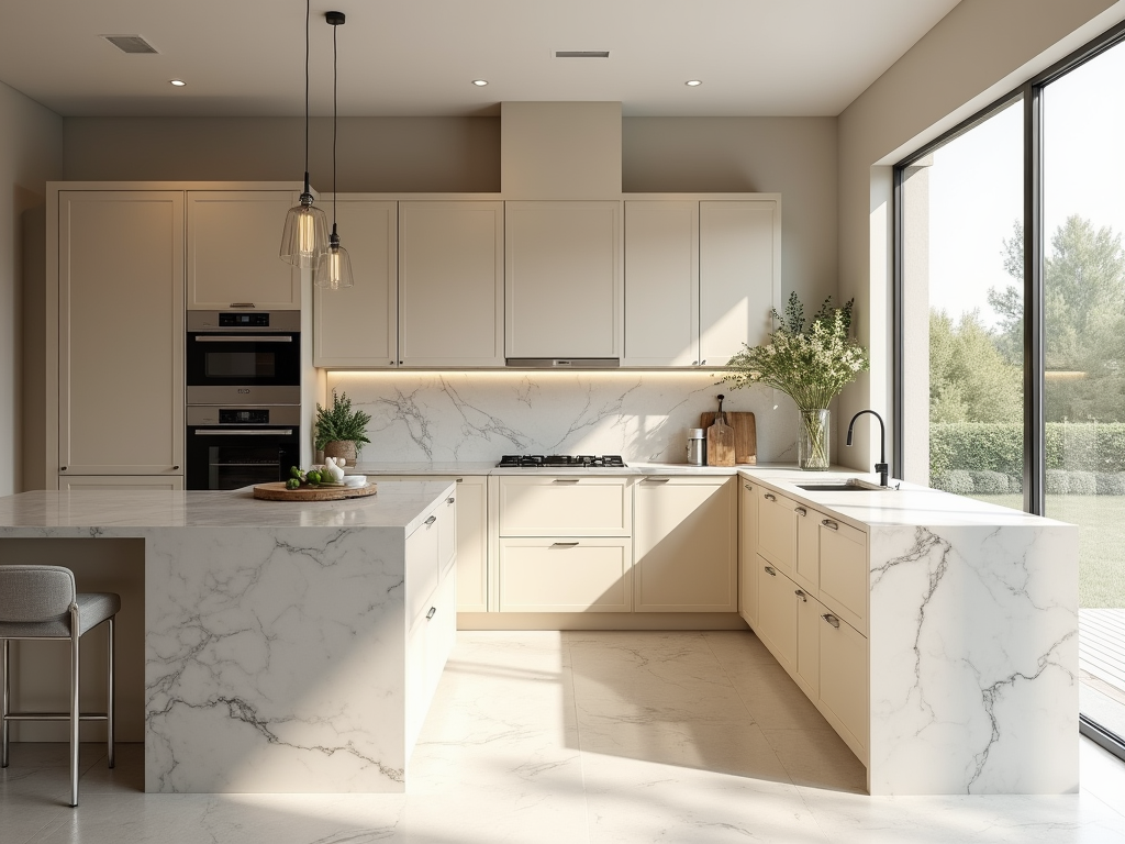 Breathtaking Sunlit Greige Kitchen with Marble Elegance