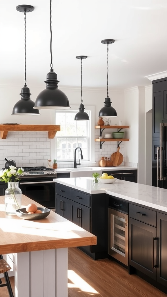 Black Industrial Pendant Lights over Island