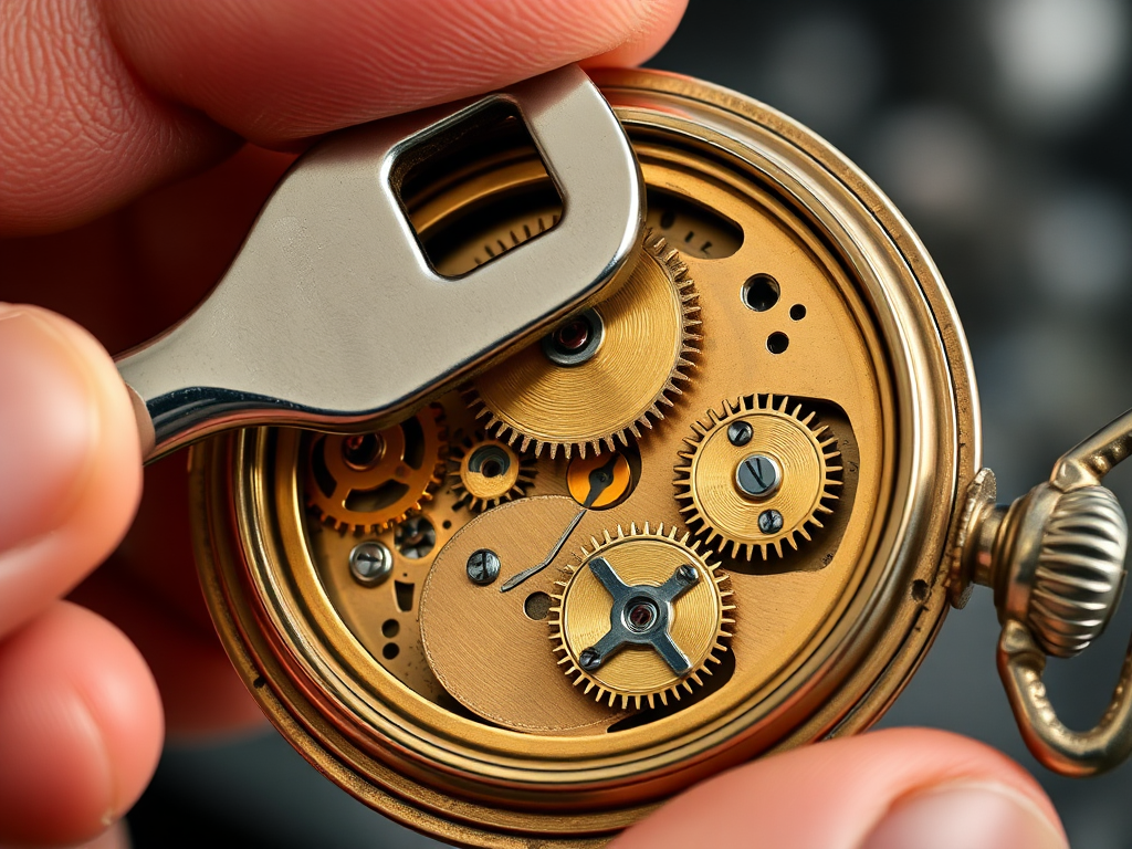 a person holding spanner next to 3 interlocking gears in a clock